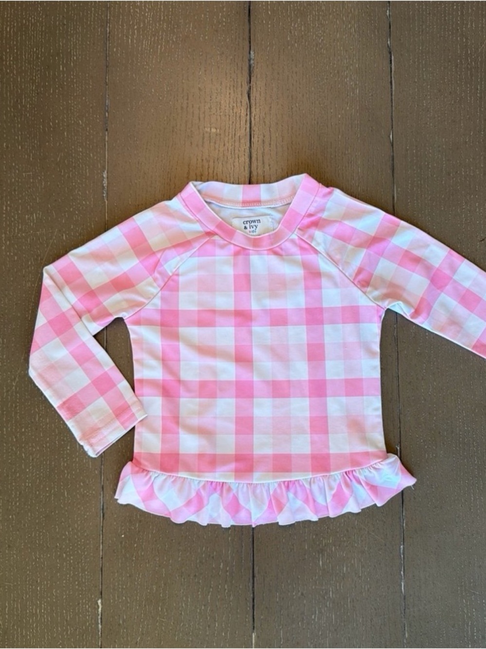 Crown & Ivy Girls’ Long-Sleeve Pink Gingham “Rashie” Rashguard • Size 2T